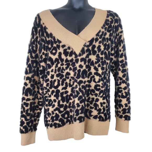 AVA AND VIV Animal Print Fuzzy V Neck Sweater | Size X - Picture 2 of 12